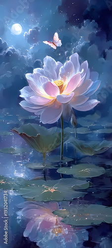 Pink Water Lily Blooming in Pond with Green Leaves