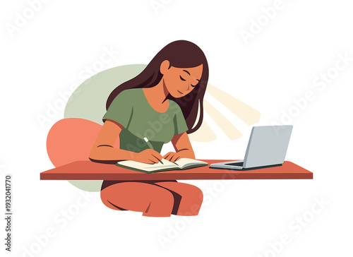 Peaceful Study Session. Peace student studies at a desk using a notebook and laptop, head bent as light from a window falls across