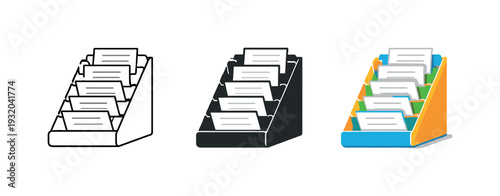 Triple Document Sorters. Sorting paperwork depicted as a stepped document sorter with angled shelves holding flat sheets, fully