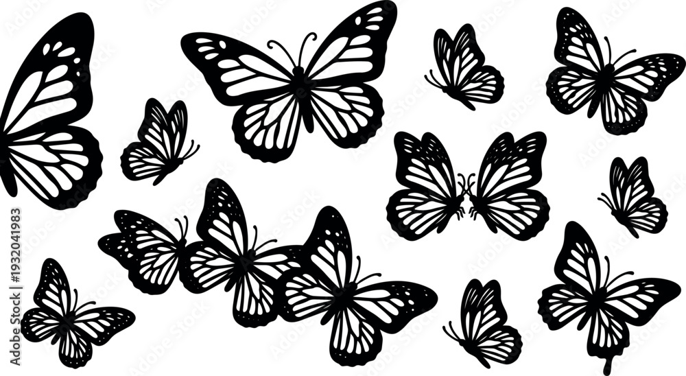 Fototapeta premium Line art butterfly silhouette set multiple angles close up decorative wing patterns cluster composition vector icons black and white isolated