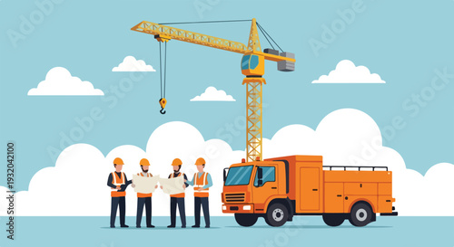 Four construction workers in hard hats and safety vests review blueprints near a large yellow crane and an orange utility truck under a blue sky.