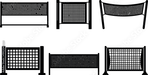 Flat design silhouettes of six sports nets shown from front side and angled views with black mesh and posts minimalist