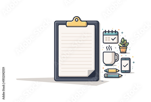 Clipboard with checklist, coffee, plant, and phone for daily planning and organization