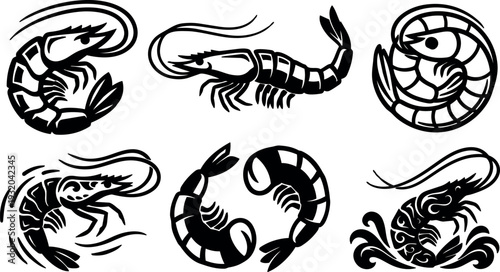 Tattoo flash shrimp icon set six black stylized prawns close up curled and swimming ornamental vector illustrations seafood logo elements