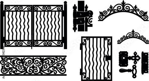 Flat design ornamental wrought iron gate panels with scrolling filigree close up view of latch and hinge silhouette decorative entrance