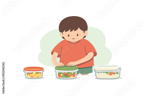 Quiet child puts leftovers into containers, closing lids carefully as bowls and boxes line up on a clean counter. | leftovers,