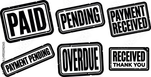Grunge rubber stamp vector set with bold paid pending overdue payment received labels angled composition high contrast black and white
