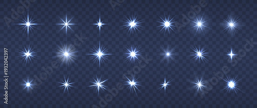 Glowing bright sparkle light effects set. Realistic glow, flare, starburst and lens glare radial beams. Festive celebration overlay glamour vector design elements