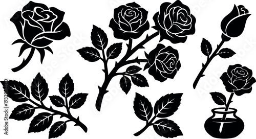 Minimalist silhouette vector rose set showing single blooms stems buds leaves vase close up top view black and white graphic