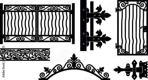 Ornamental vector arch with scrollwork gate panels and decorative hinges close up black silhouette entrance view symmetrical left right ornate