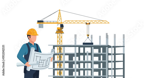 A flat vector illustration depicts a construction worker holding blueprints, overseeing a building under construction with a large tower crane lifting materials.