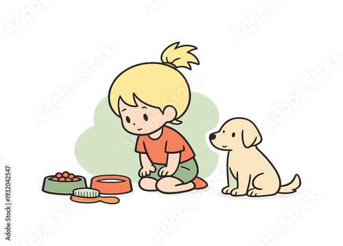 Sunny child learns pet care by observing feeding bowls and brushes, listening closely while a calm pet waits nearby today gently.