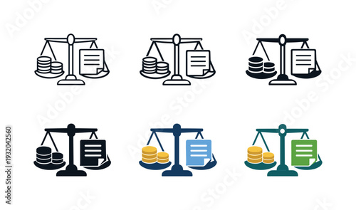 Government Finance Symbols. Government finance concept symbol showing a balance scale combined with coins and official document