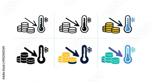 Economic warning symbol showing coins gradually shrinking beside a downward arrow and a cold thermometer cue, conveying falling