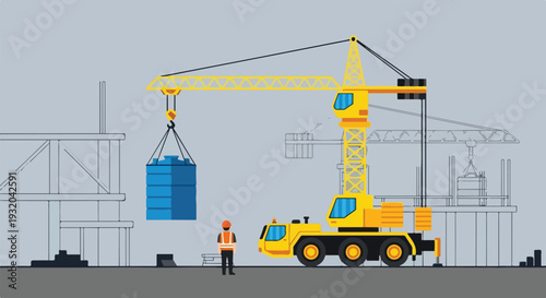 A mobile crane lifts blue cargo at a construction site, supervised by a worker in a hard hat and safety vest, with unfinished building structures in the background.