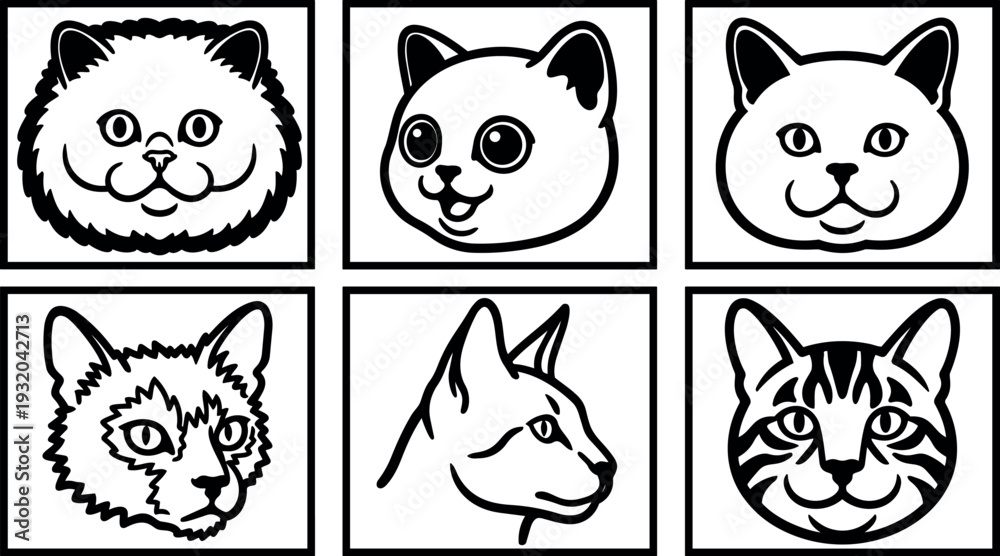 Fototapeta premium Line art cat head grid six framed icons black and white vector portraits in minimalist style close up mixed angles