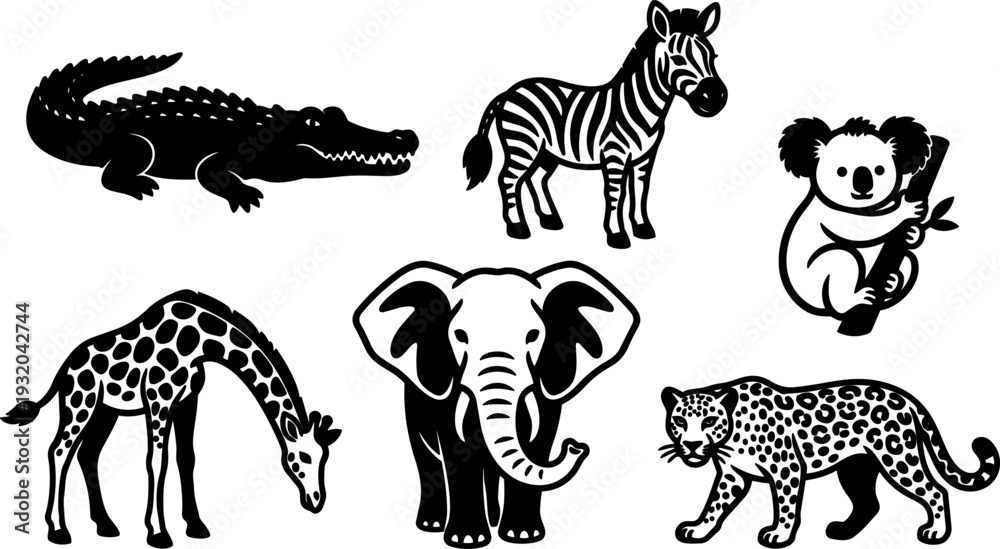 Naklejka premium Flat silhouette vector animal collection showing elephant giraffe zebra leopard crocodile koala isolated on white background center looking forward group