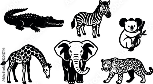Flat silhouette vector animal collection showing elephant giraffe zebra leopard crocodile koala isolated on white background center looking forward group