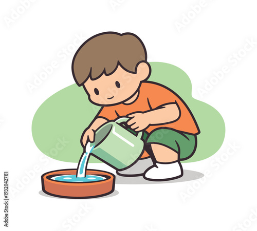 Distorted Pet Care. Fresh child refills a water bowl at floor level, tilting a jug carefully as clear water rises and hands stay