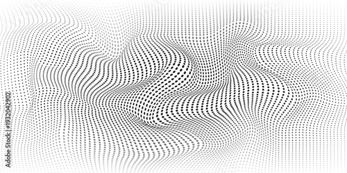 Flowing dots particles wave pattern 3D curve halftone black gradient curve shape isolated on white background. Vector in concept of technology, science, music, modern.