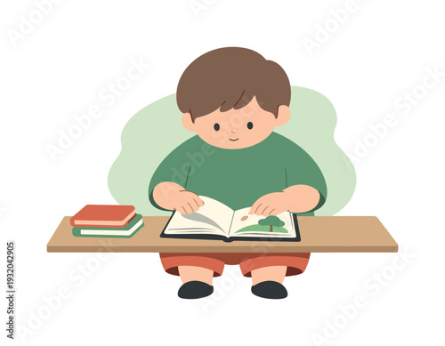 Nearby child chooses a notebook at a desk, covers stacked nearby, pages flipped slowly, fingers pause on a favorite one. |