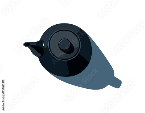 Minimalist black teapot casting a long shadow on a white background, top view