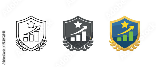 Achievement Badge Variants. Personalized progress outcome represented by an achievement badge with an upward mini chart inside,