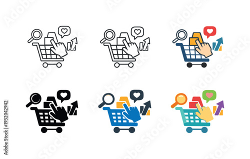 Customer habits icon depicting a shopping cart, hand selecting products, and interaction symbols, representing consumer behavior,