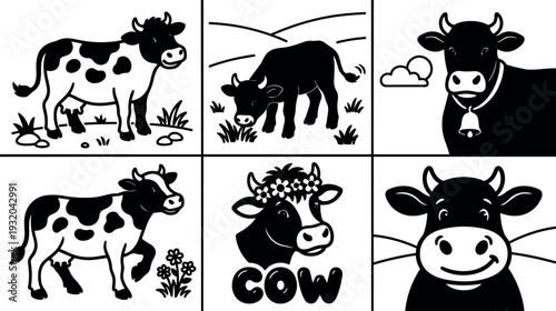 Minimalist vector line art six panel grid showing black and white cow illustrations with grazing standing walking smiling close up