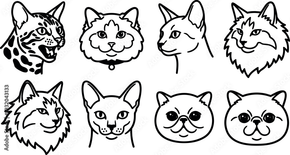 Fototapeta premium Line art close up eight cat head icons showing different breeds expressions arranged in neat grid on white minimalist background