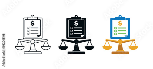 Scales of justice with a checklist and dollar sign symbolizing financial law and accounting