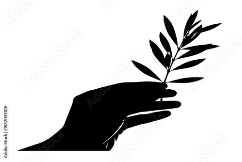 Hand Holding Olive Branch Silhouette Vector for Peace Treaty Diplomacy and Reconciliation Symbol