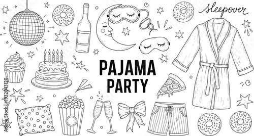 Pajama party sleepover illustration set, cozy night celebration elements, snacks robe pillows disco ball festive vector line art collection