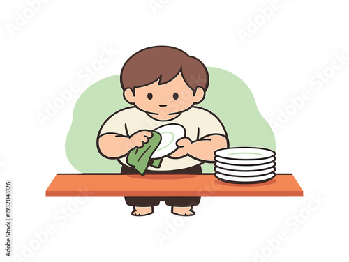 Dish Drying Routine. Small person dries plates with a towel at a table, stacking them carefully as water drops fade and space