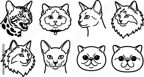 Line art close up eight cat head icons showing different breeds expressions arranged in neat grid on white minimalist background