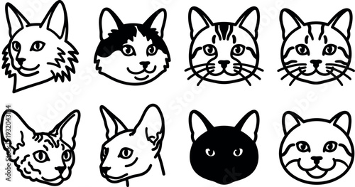 Line art cat head icon set eight faces close up varied breeds looking forward simple black stroke vector sheet collection