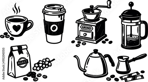 Vintage coffee icon set with cup to go grinder french press kettle cezve roast bag coffee cherries beans hand drawn