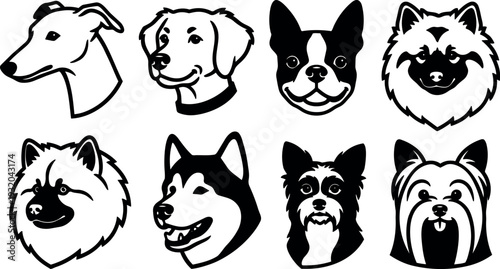 Line art dog head icon set eight breed faces frontal and three quarter views expressive black and white vector illustrations