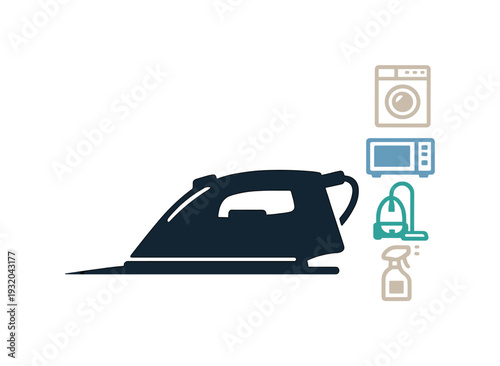 Collection of household appliances including an iron, washing machine, microwave, vacuum, and spray bottle