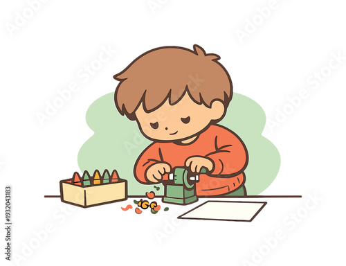 Warm child leans over a desk turning a crayon sharpener slowly while curls of wax fall near a box and paper on white desk calm!!