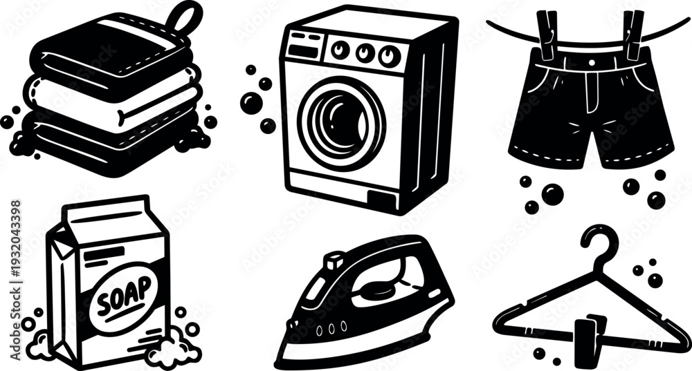 Fototapeta premium Line art laundry icons set close up washing machine iron soap box folded towels hanging shorts clothes hanger black silhouette