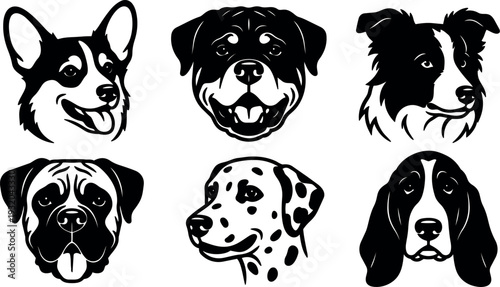 Minimalist vector six dog head icons set showing corgi rottweiler border collie mastiff dalmatian basset hound smiling panting front profiles