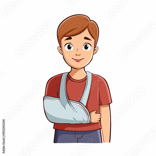 Boy with arm sling isolated on white