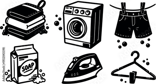 Line art laundry icons set close up washing machine iron soap box folded towels hanging shorts clothes hanger black silhouette
