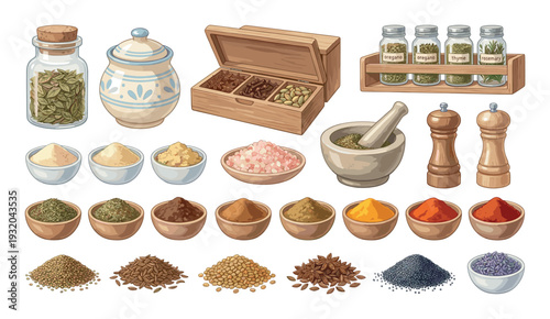 Collection of various spices and herbs in bowls, jars, and wooden box