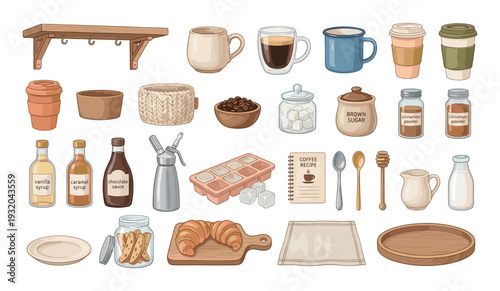 Collection of coffee shop ingredients and accessories for making delicious beverages
