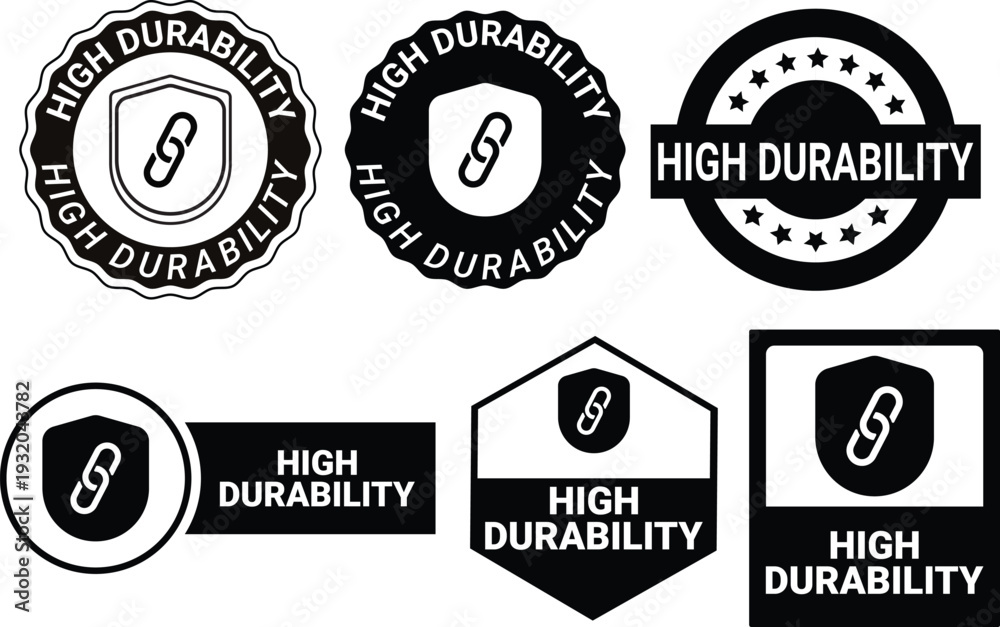 Obraz premium Collection of Six Black and White Durability Badges and Seals with Shield and Chain Keywords