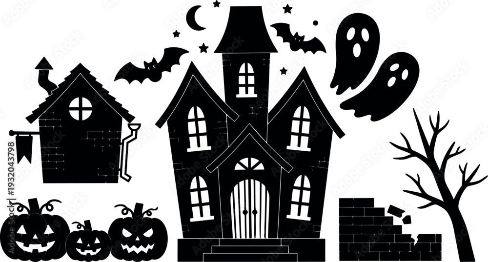 Fototapeta premium Flat design spooky haunted house close up with carved pumpkins flying bats two ghosts bare tree and broken wall night
