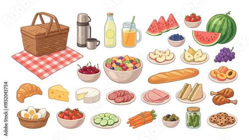 Abundant picnic spread with a variety of delicious foods and drinks for outdoor enjoyment