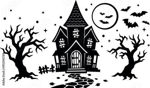 Silhouette vector haunted house with boarded windows bats flying full moon twisted trees stone path low angle halloween night illustration